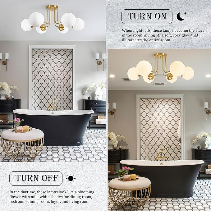 KoKo&Yukina 6-Light Mid Century Ceiling Light Modern Semi Flush Mount Ceiling Light Fixture Globe Ceiling Light with Milk Glass Shade Brushed Brass Finish for Bedroom Hallway Dining Room Living Room