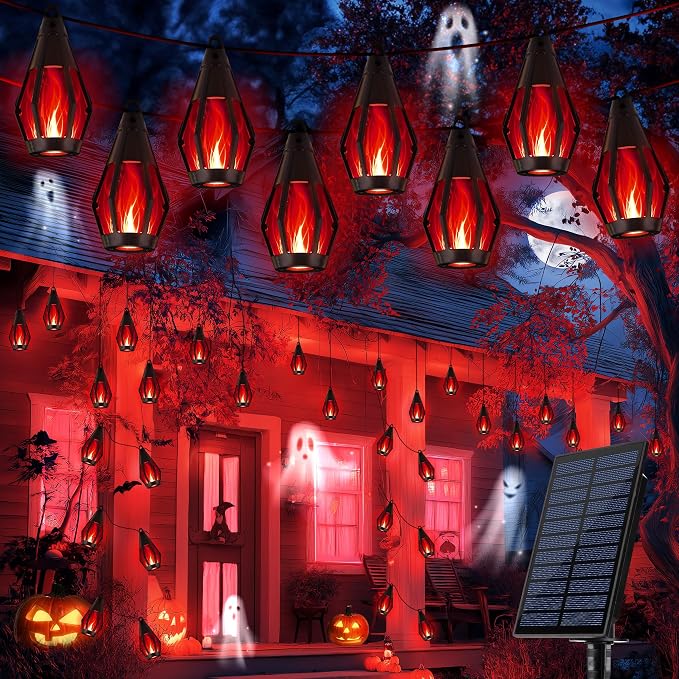 iBaycon Solar Halloween Lights, 42Ft 15 LED Bulbs Flickering Flame String Light, Outdoor Waterproof Solar Flame Lights for Garden Yard Patio Halloween Decorations (Red)