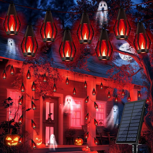 iBaycon Solar Halloween Lights, 42Ft 15 LED Bulbs Flickering Flame String Light, Outdoor Waterproof Solar Flame Lights for Garden Yard Patio Halloween Decorations (Red)