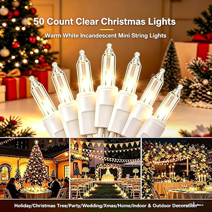 TIGOMOOV 50 Count Mini Clear White Christmas Lights-120V Plug-in End to End Connectable Incandescent String Lights,13FT White Wire -UL Certified Christmas Tree Lights for Indoor Outdoor Holiday Decor