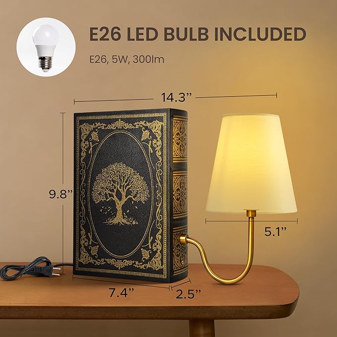 AELS Vintage Bookshelf Lamp with Bulb, Table Lamp with Linen Shade, 3-Color Dimmable Touch Control, Modern Farmhouse, Book Sconce for Office Home Bedroom Bookshelf, Tree of Life on Black & Gold