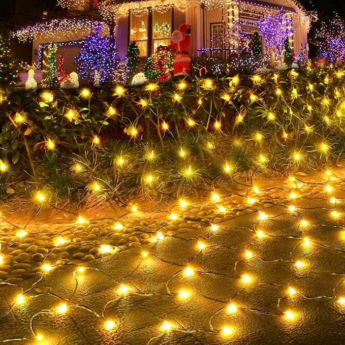 Pooqla Net Lights, 300LED Christmas Outdoor Mesh Light, 14.8x4.9 ft Fairy String Mesh Light 8 Modes Green Wire, Connectable Waterproof Net Lights for Bushes Tree Yard Christmas Decor, Warm White