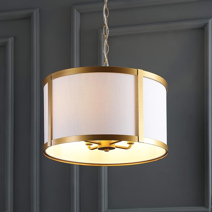 JONATHAN Y 17" Gold/White Metal LED Pendant Light for Kitchen Island, White Linen Drum Shade, Transitional Ceiling Hanging Fixture for Dining Room, 4 Bulbs Included (JYL3510B)