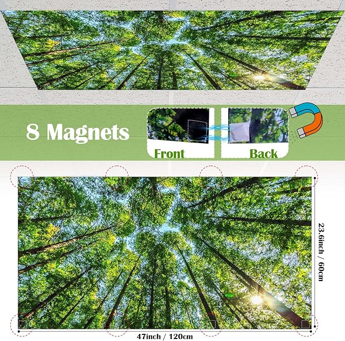 6 Pcs Fluorescent Light Covers for Ceiling Lights with 48 Magnets Decorative Magnetic Light Filters for Classroom Office Kitchen Decoration(Forest)