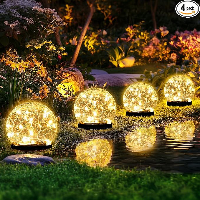 Solar Lights Outdoor for Yard Patio Porch, Garden Decor Birthday Gifts for Mom Women, Solar Globe Lights Waterproof Cracked Glass Ball Outdoor Decorations Balcony Backyard (4 Pack Warm White)