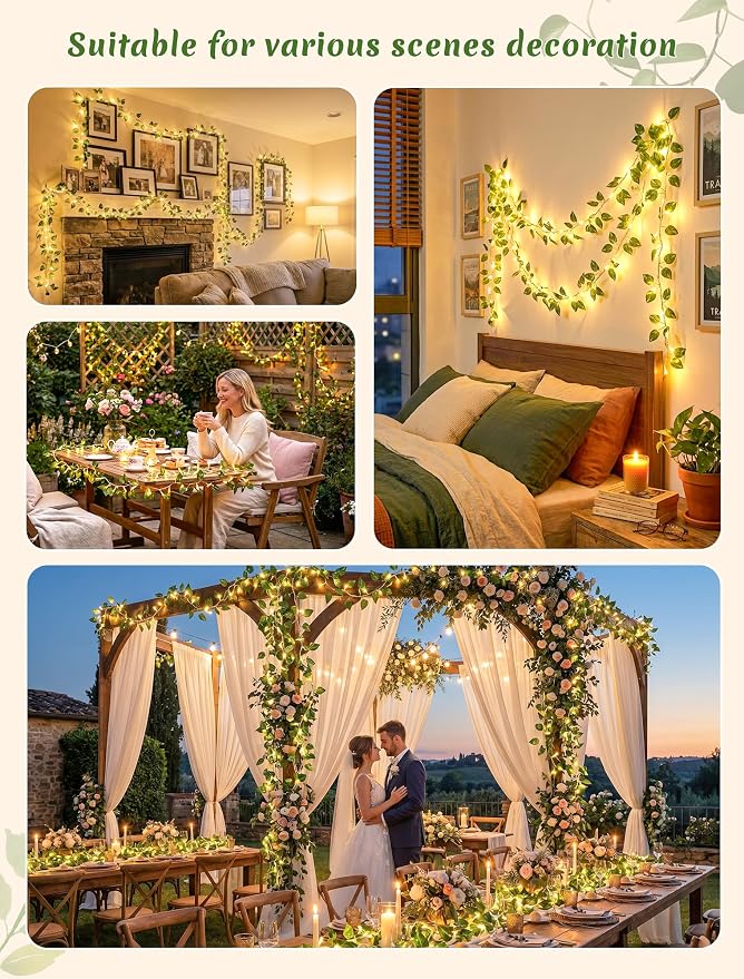 Vine with Fairy Lights,23FT 73LED Ivy Leaves String Lights Plug in,Twinkle Fake Pothos Garland Lights Indoor Outdoor for Bedroom,Dorm,Ceiling,Spring,Wedding,Birthday,Wall Decor(Warm White)