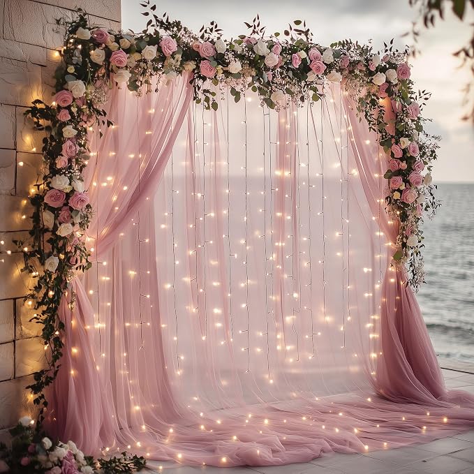 Tulle Backdrop Curtain with Lights String 10FT X 10FT Dusty Rose Sheer Tulle Backdrop Curtains for Wedding Birthday Party Reception Photo Booth Background Decorations (2 Panels 5x10FT)