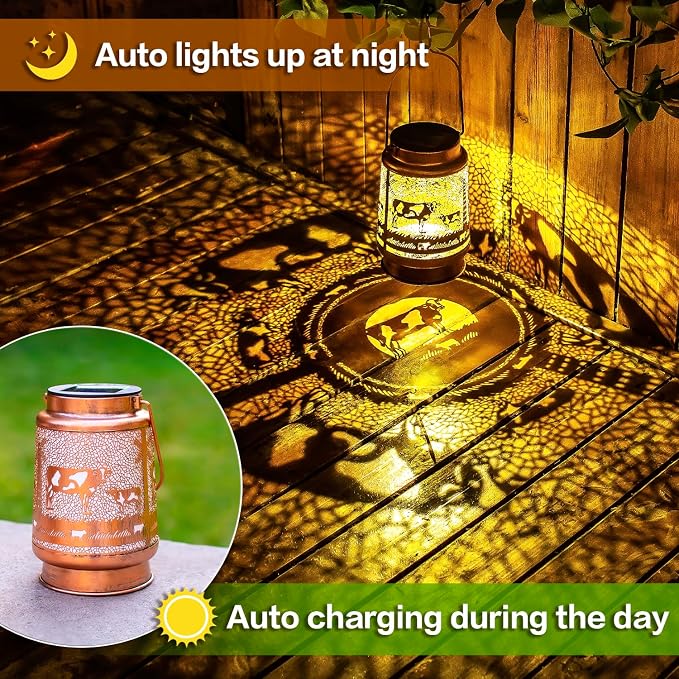 EZTZEN Cow Solar Lanterns Outdoor Waterproof Hanging Solar Lights Cow Gifts for Women Men Metal Decorative LED Cow Lanterns for Garden Decor,Yard,Patio,Lawn,Tabletop,Pathway,Landscape, Brown