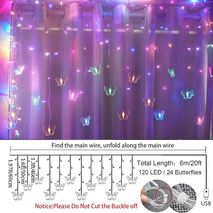 Curtain Butterfly String Light 20Ft 120LED Window USB Fairy Lights 24 Butterfly 8 Modes with Remote Control for Room Bedroom Patio Party Wedding Holiday Christmas Decoration (Pastel)