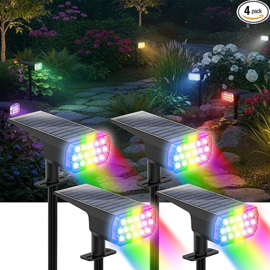 Solar Lights Outdoor Waterproof, LED Solar Spot Lights Outdoor, 7 Color Changing Solar Spotlights, Multicolor RGB Dusk-to-Dawn Uplights for Garden Landscape, Yard, IP65, Auto On/Off