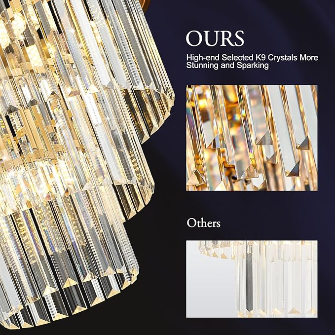 8-Light Gold Crystal Pendant Light, 3-Tier 17.76" Luxury Crystal Pendant Light Perfect for Dining Room, Bedroom, Kitchen, Living Room