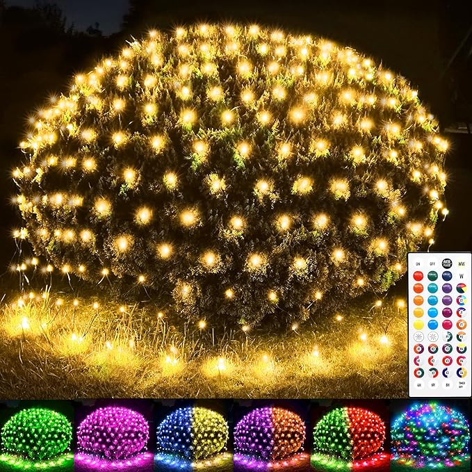 204 LED Net Lights, 35 Colors Changing Christmas Net Lights Outdoor, 9.8ft x 6.6ft Connectable Bush Mesh Light Clear Wire for Halloween Christmas Tree Holiday Wedding Party Gazebo Patio Decor
