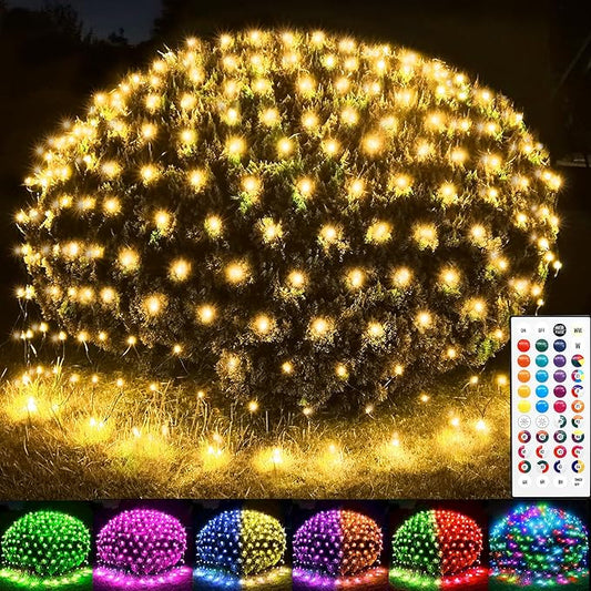 204 LED Net Lights, 35 Colors Changing Christmas Net Lights Outdoor, 9.8ft x 6.6ft Connectable Bush Mesh Light Clear Wire for Halloween Christmas Tree Holiday Wedding Party Gazebo Patio Decor