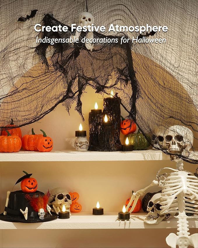 Amagic Flameless Black Timer Remote Tealights Candles, 3D Black Wick Flickering Tea Lights, 300+Hour Colored Votive Candles Battery Operated, Set of 24 for Table Decorations, Pumpkin, Halloween, Party