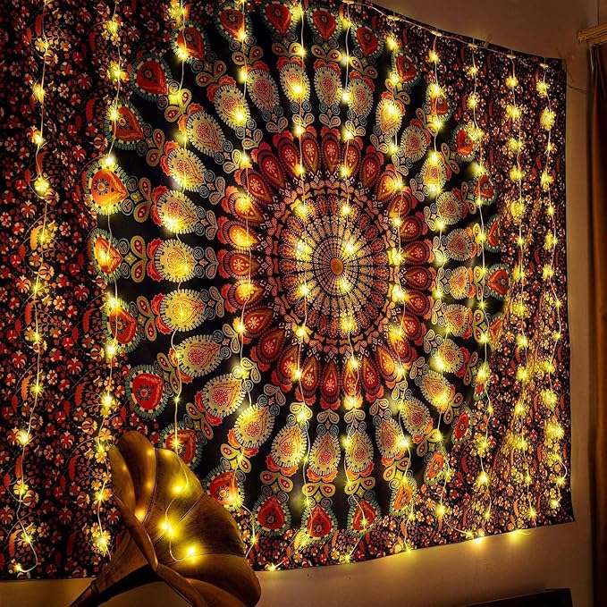 195 LED Curtain String Lights,6.5 x 5 ft Battery Operated USB Powered light with 8 Modes Dimmable Timer,Copper Tapestry Twinkle Fairy Lights for Christmas Bedroom Backdrop Wedding Indoor Outdoor Decor