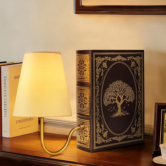 AELS Vintage Bookshelf Lamp with Bulb, Cordless Touch Dimmable Table Lamp with Linen Fabric Shade, Battery Operated, Modern Farmhouse, Book Sconce for Office Home Bedroom, Tree of Life Brown & Gold