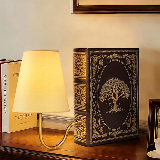 AELS Vintage Bookshelf Lamp with Bulb, Cordless Touch Dimmable Table Lamp with Linen Fabric Shade, Battery Operated, Modern Farmhouse, Book Sconce for Office Home Bedroom, Tree of Life Brown & Gold