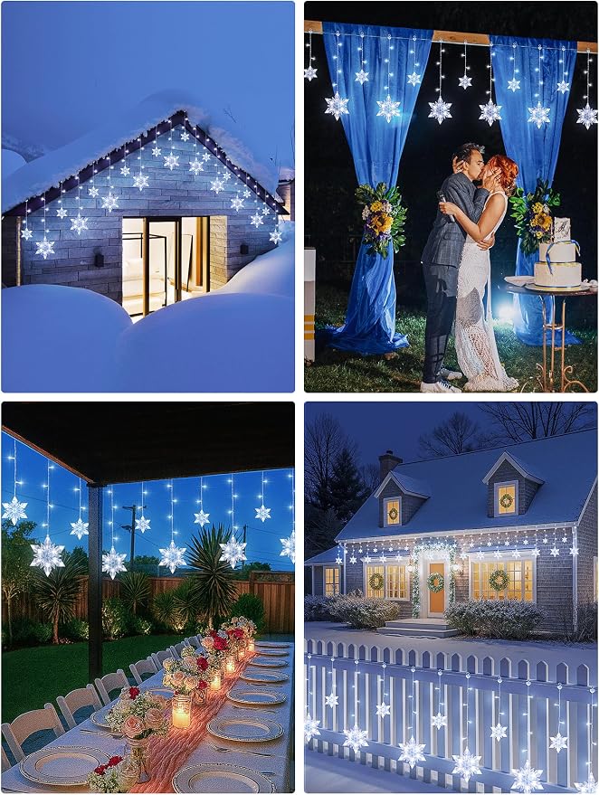 Snowflake Icicle Lights,8.2ft 144LED Curtain Fairy Light with 12 Drops,Connectable 8 Mode Timer Snowflake Christmas Lights Plug in for Bedroom,Window,Wedding,Indoor Outdoor Xmas Decor,White