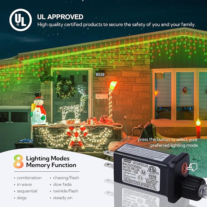 Hopolon 33FT 360 LED Red Green Christmas Icicle Lights,Waterproof Plug in | Outdoor icicle curtain lights with 60 drops, 8 modes, for Christmas, wedding, party, bedroom, garden, wall decor
