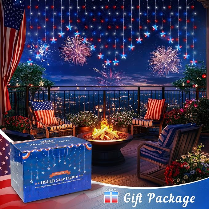 woohaha 4th of July Patriotic Star Icicle Lights,118LED Red White and Blue Curtain Window Lights,Connectable Star String Light Plug in for Independence Day,Garden,Fourth of July Decorations