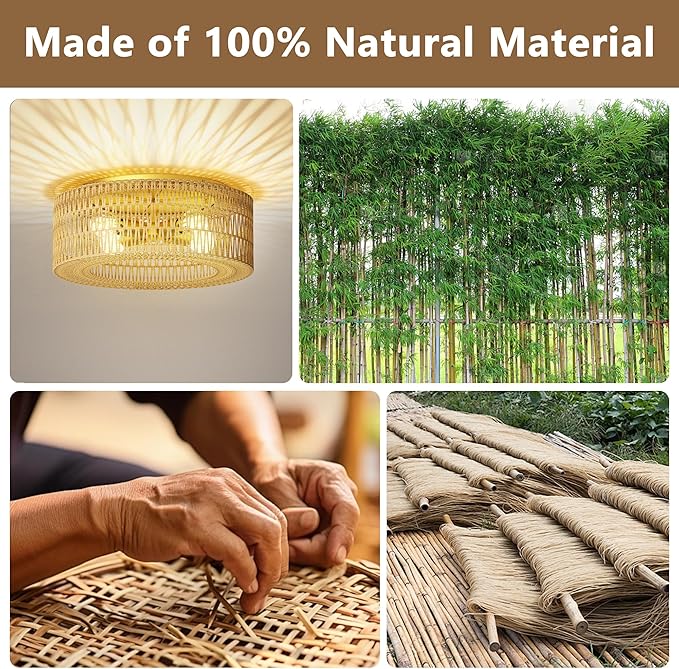 ROOMTEC 12.4" Rattan Flush Mount Ceiling Light, 3-Light Ceiling Fixture with Bulbs Included, Boho Woven Natural Fiber Dining Room Light for Bedroom Living Room Kitchen