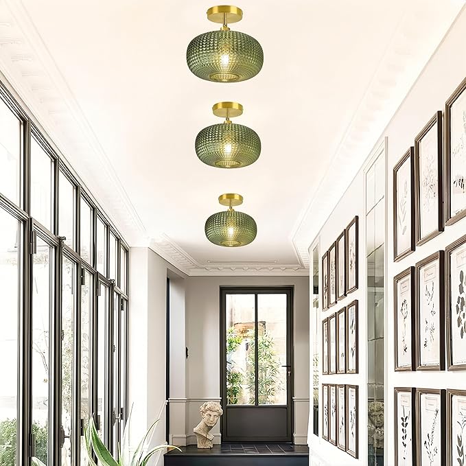 Semi Flush Mount Ceiling Light,Hallway Light Fixtures,Globe Glass Ceiling Fixture with Green Shade,Kitchen Ceiling Light Fixture,Vintage Green Ceiling Lights,Retro Ceiling Lighting for Entryway Porch