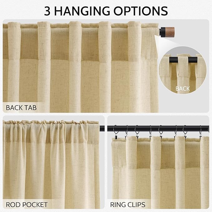 Nanspring Cream Yellow Curtains for Living Room 72 Inches Linen Blend Light Filtering Modern Farmhouse Semi Sheer Curtains Back Tab Privacy Neutral Curtain for Bedroom Office 52x72, 2 Panels