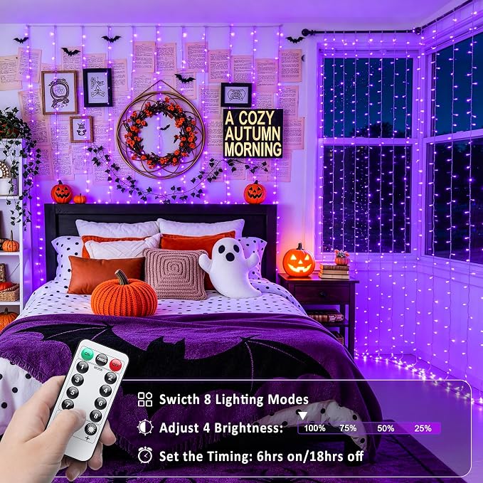 JMEXSUSS 200 LED Purple Halloween Lights, 6.5ft x 6.5ft Halloween Curtain Lights with Remote, 8 Modes USB Purple Curtain String Lights for Bedroom Party Halloween Decorations