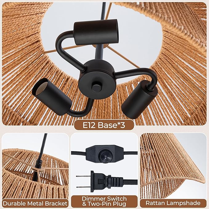 LumStory Rattan Plug in Pendant Light for Ceiling Farmhouse Boho Woven Hanging Lights with Plug in Cord, Rustic Hanging Lamp with Dimmable Switch, Wicker Chandelier for Dining Room, Bedroom, 3-Light