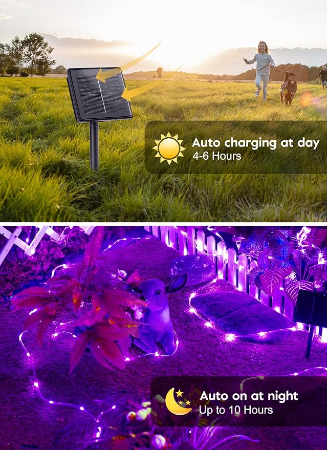 Brightown Solar String Lights Outdoor, 39FT 100 LED Halloween Solar String Lights with 8 Modes, Halloween Decoration Outdoor, Waterproof Solar Rope Lights for Outside Tree Yard Christmas Party, Purple