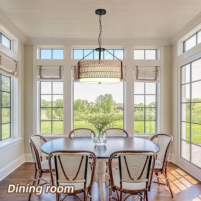 4-Light Boho Light Fixtures 19.7" Rattan Pendant Light Rustic Farmhouse Chandelier for Dining Flush Mount Ceiling Hanging Light Fixture for Hallway Entryway Kitchen Island