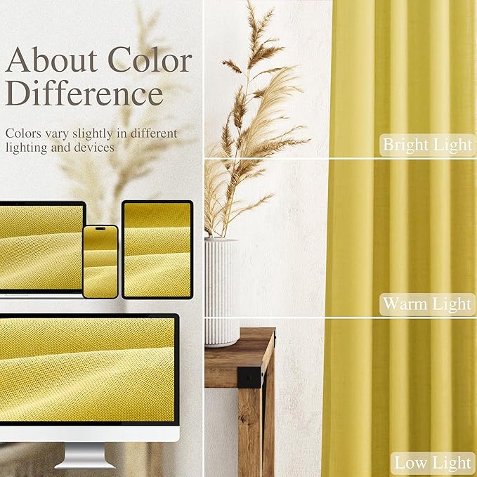 Nanspring Celery Yellow Curtains 120 Inches Long 2 Panels Set Back Tab Loop Pocket Linen Blend Light Filtering Semi Sheer Boho Decor Curtain for High Ceiling Living Room Drapes 52x120