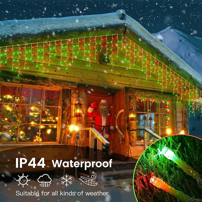 Hopolon 33FT 360 LED Red Green Christmas Icicle Lights,Waterproof Plug in | Outdoor icicle curtain lights with 60 drops, 8 modes, for Christmas, wedding, party, bedroom, garden, wall decor