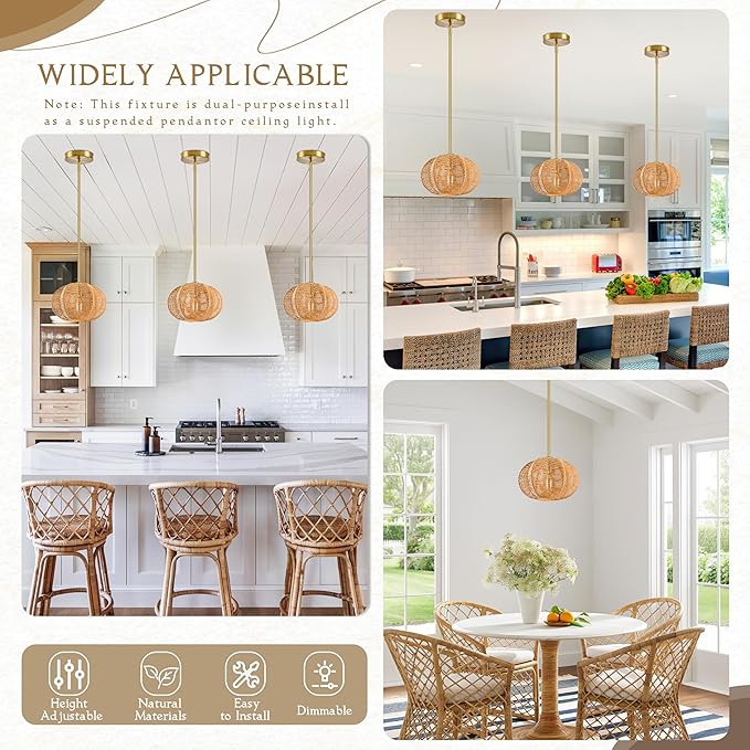 Mini Rattan Pendant Light Hemp Rope Rattan Light Fixture Woven Pendant Wicker Chandelier Boho Chandelier for Bedroom Kitchen Island
