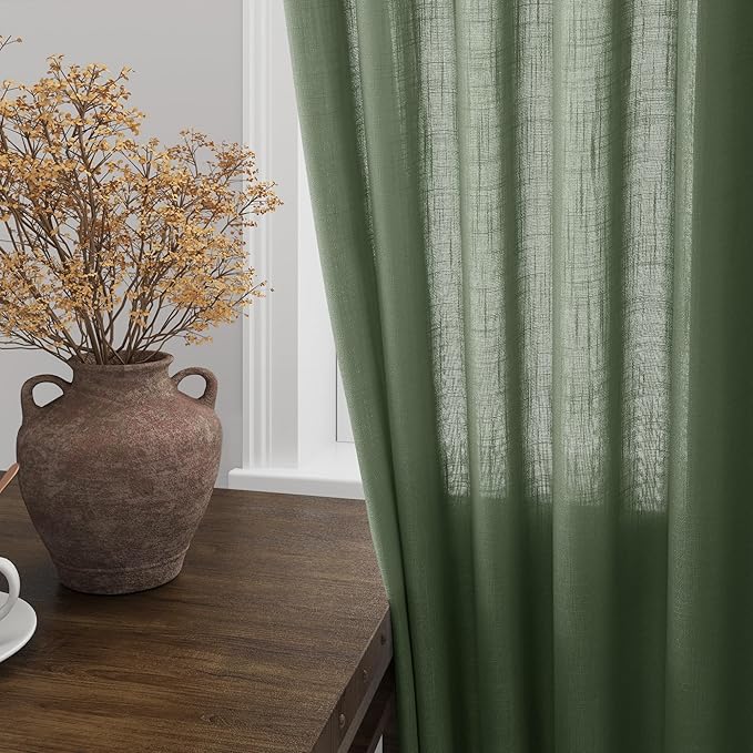 Nanspring Olive Green Linen Curtains 72 Inches Long 2 Panels Set for Living Room Back Tab Rod Pocket Light Filtering Semi Sheer Privacy Drapes Cotton Farmhouse Bedroom Curtain 52X72 Inches