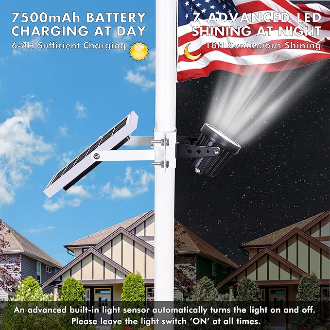 Flagpole Light Solar Powered,Auro 7 Pro Solar Spot Light 7 LED for 1.5"-3.3" Poles,18 Hour Dusk to Dawn Auto On/Off,7W Outdoor IP65 Waterproof,Multiuse on Landscape,Wall - Cold White