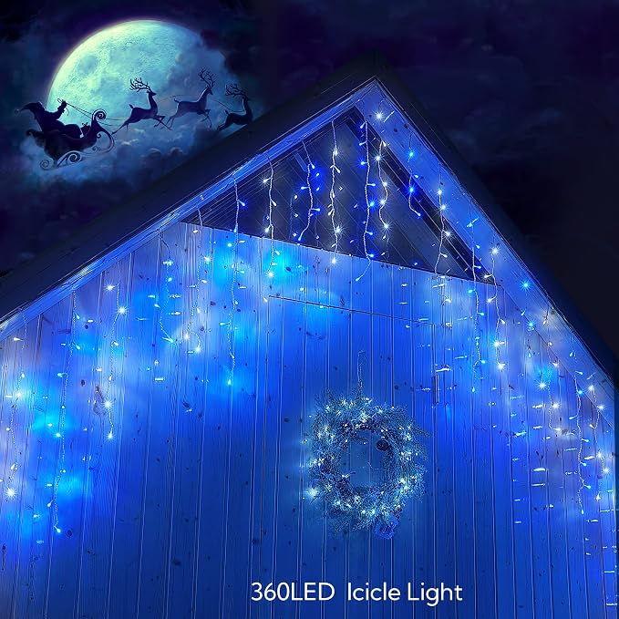 Hopolon 33FT 360 LED Blue White Christmas Icicle Lights,Waterproof Plug in | Outdoor icicle curtain lights with 60 drops, 8 modes, for Christmas, wedding, party, bedroom, garden, wall decor