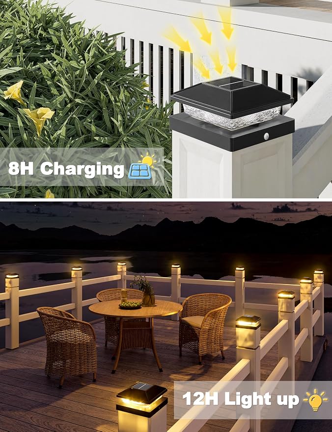 VOLISUN 4x4 Solar Fence - Post Cap Lights 8pack Outdoor Waterproof, Black Deck Post Cap Light with Warm White,for 4x4 Wooden/4x4 Vinyl