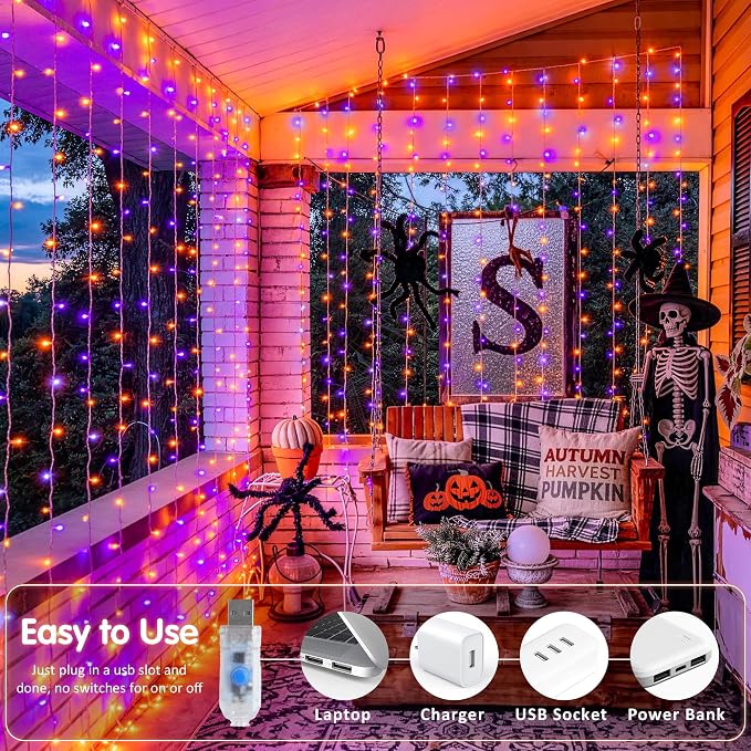 JMEXSUSS 200 LED Orange and Purple Halloween Lights, 8 Modes Curtain Halloween Lights with Remote, USB Curtain String Lights Plug in for Party Bedroom Window Halloween Decorations