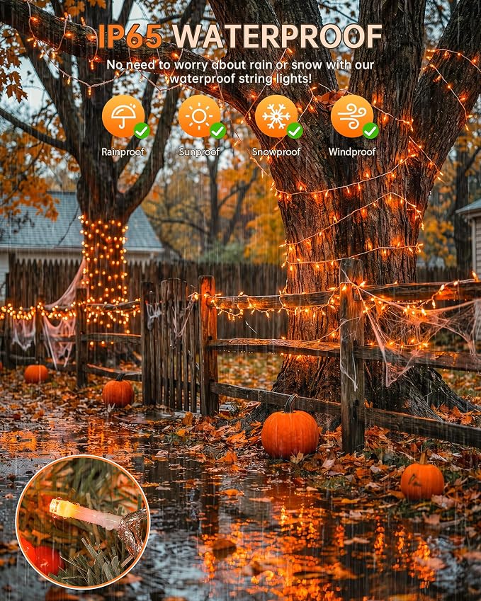 Halloween String Lights Indoor Outdoor,33FT 100 LED Orange Thanksgiving Twinkle Lights,13 Modes Fairy Lights Plug in,Connectable IP65 Waterproof for Xmas Tent Patio Tree Party Decor(Orange)