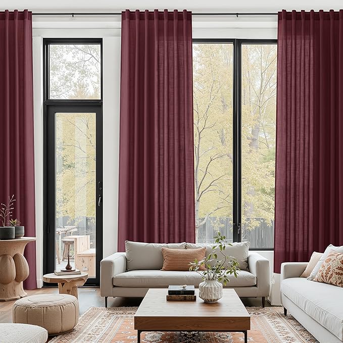 Nanspring Burgundy Linen Curtains for Living Room 94 Inches Long Light Filtering Semi Sheer Curtain Back Tab Vintage Boho Decor Elegant Luxury Drapes for Bedroom Dinner Room 52x94, 2 Panels