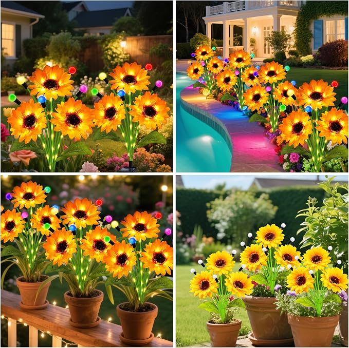 Solar Garden Lights-6 Pack Solar Sunflowers with Multicolor Changing Swaying Firefly Lights, Birthday for Mom Women,Waterproof Firefly Sunflower Light for Outdoor Patio Yard Decor