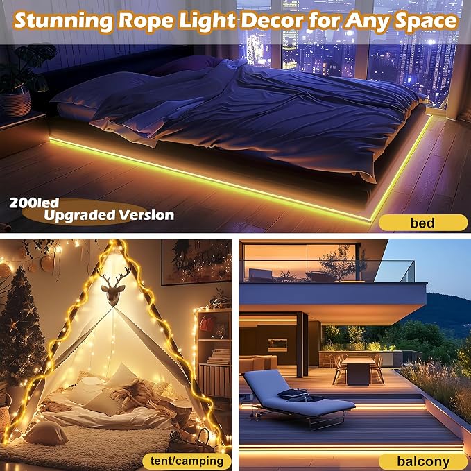 LairtPOW Solar Rope Lights with Remote for Tree Decor,72FT 200LEDs Outdoor Solar Strip Lights for Patio,IP67 Waterproof, USB Charging, Timing & 8 Modes Outdoor Fairy Light for Garden(Warm White)
