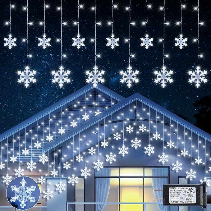 Christmas Snowflake Icicle Lights,6.5ft 144LED Curtain Lights Outdoor with 12 Drops, 8 Modes Waterproof Connectable Fairy Light for Eaves, Garden, Yard, Indoor Outdoor Xmas Decor (White)