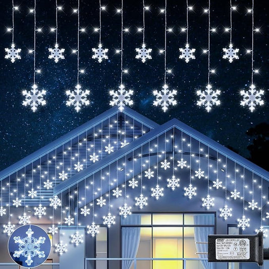 Christmas Snowflake Icicle Lights,6.5ft 144LED Curtain Lights Outdoor with 12 Drops, 8 Modes Waterproof Connectable Fairy Light for Eaves, Garden, Yard, Indoor Outdoor Xmas Decor (White)