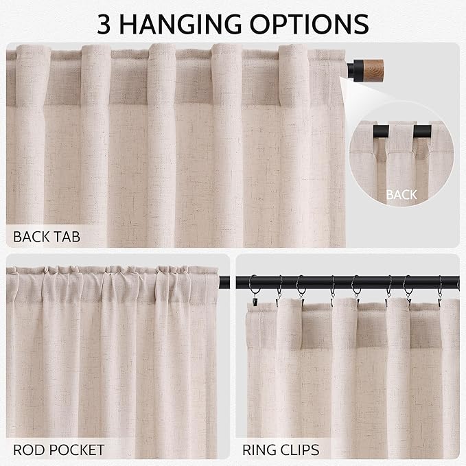 Nanspring Natural White Linen Curtains 120 Inches Long for Living Room Textured Neutral Farmhouse Privacy Sheer Curtains Back Tab Floor to Ceiling Curtain for Bedroom Office 52x120, 2 Panels