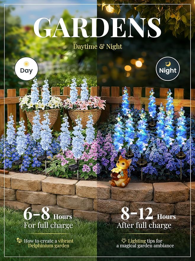 GIGALUMI Solar Lights Outdoor for Garden Decor, 3 Pack Solar Flower Lights Waterproof, 2 Lighting Modes Delphinium for Pathway,Yard, Patio, 4th of July Decoration, Gifts for Women (Blue)