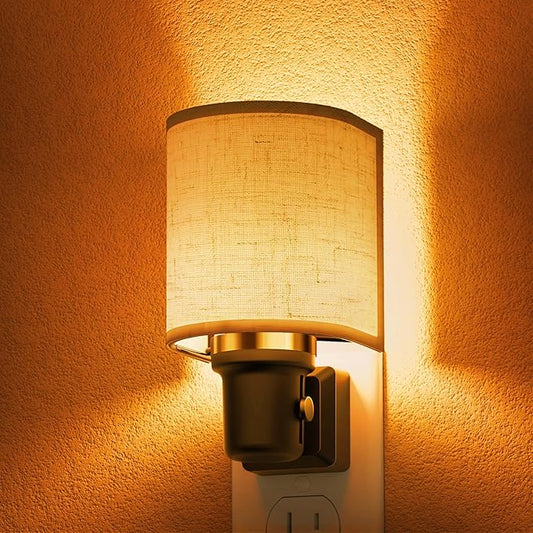 L LOHAS LED Amber Night Lights Plug into Wall, Plug in Night Light Dimmable, Farmhouse Decorative Nightlights Plug in Wall, Light Sensor, Linen Fabric Yellow Nightlight for Bedroom Hallway, 1 Pack