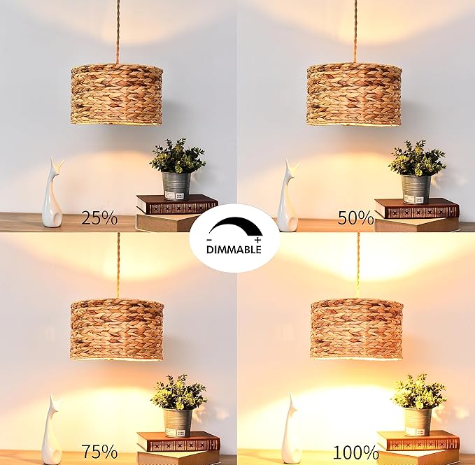 ZECOXOL Rattan Plug in Pendant Light Boho Hanging Lights with Plug in Cord & Dimmable Switch,Indoor Hanging Lamp Plug in Wicker Woven Lampshade for Living Room Bedroom Dinning Island