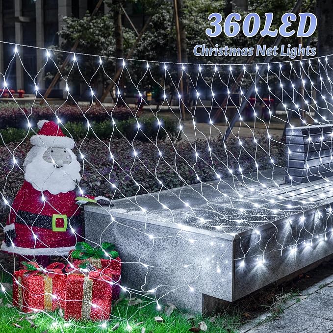 HEYFUNi Net Mesh Waterproof String Lights,360LED 13ft x 5ft Christmas Net Lights, 8 Modes,Connectable for Indoor Outdoor, Curtain,Garden,Christmas Tree, Bush, Party, Holiday, Wall Decor (White)